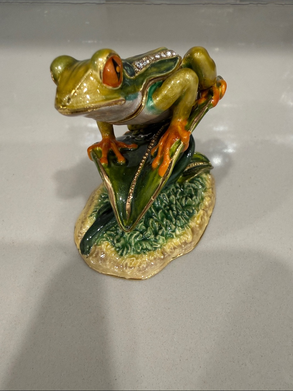 Enameled Green and Orange Metal Frog Trinket Box with Austrian Crystal Accents